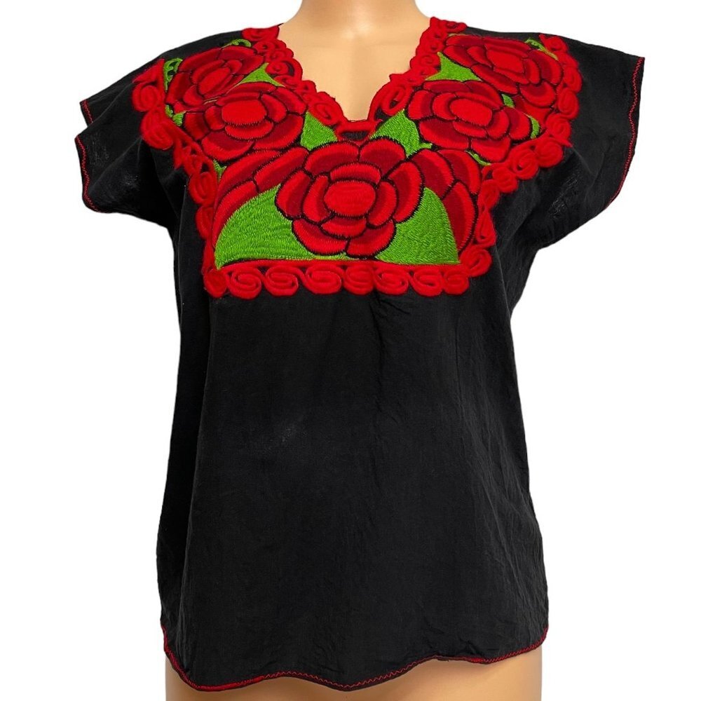 Mexican Embroidered Black Shirt Blouse Red Green Floral Pattern Artisanal Size M
